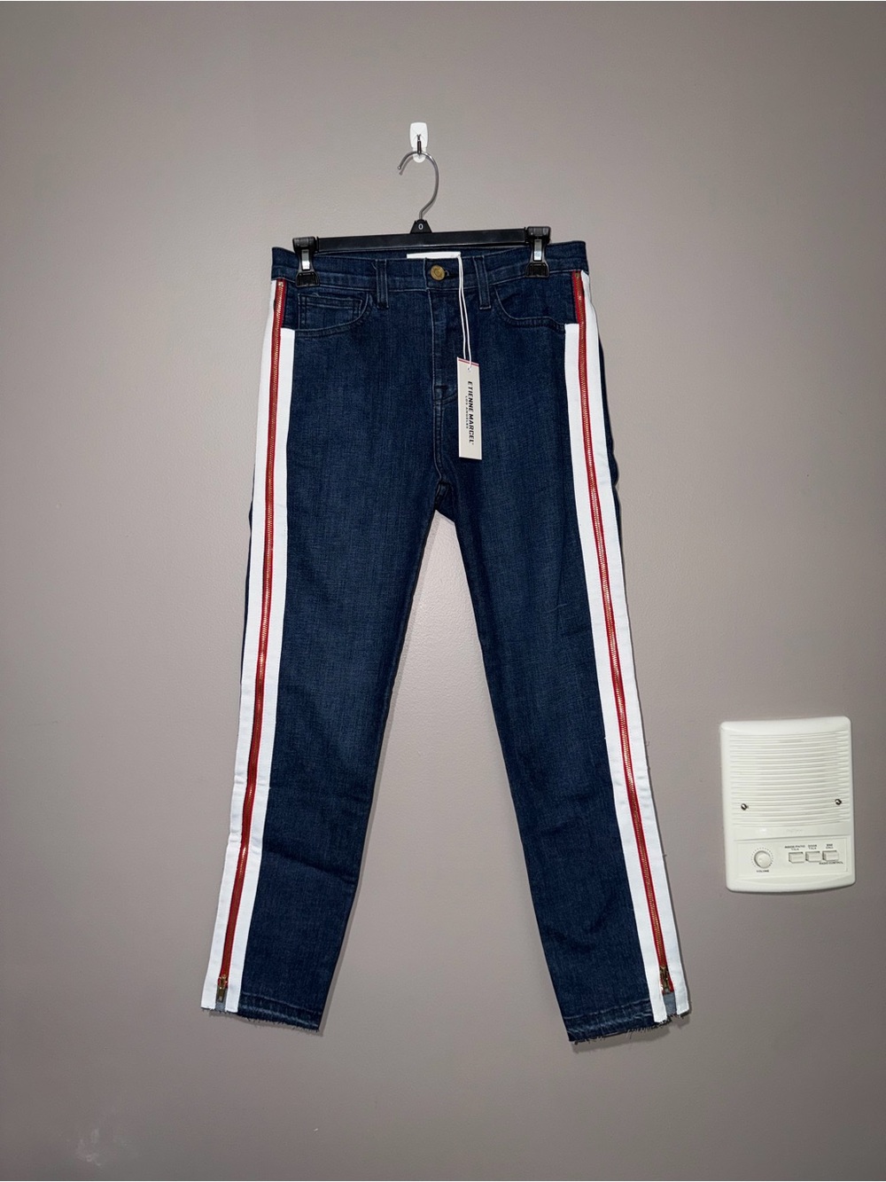 ETIENNE MARCEL INDIGO ZIP RIBBON WOMENS SKINNY JEANS WITH RED TUXEDO STRIPE